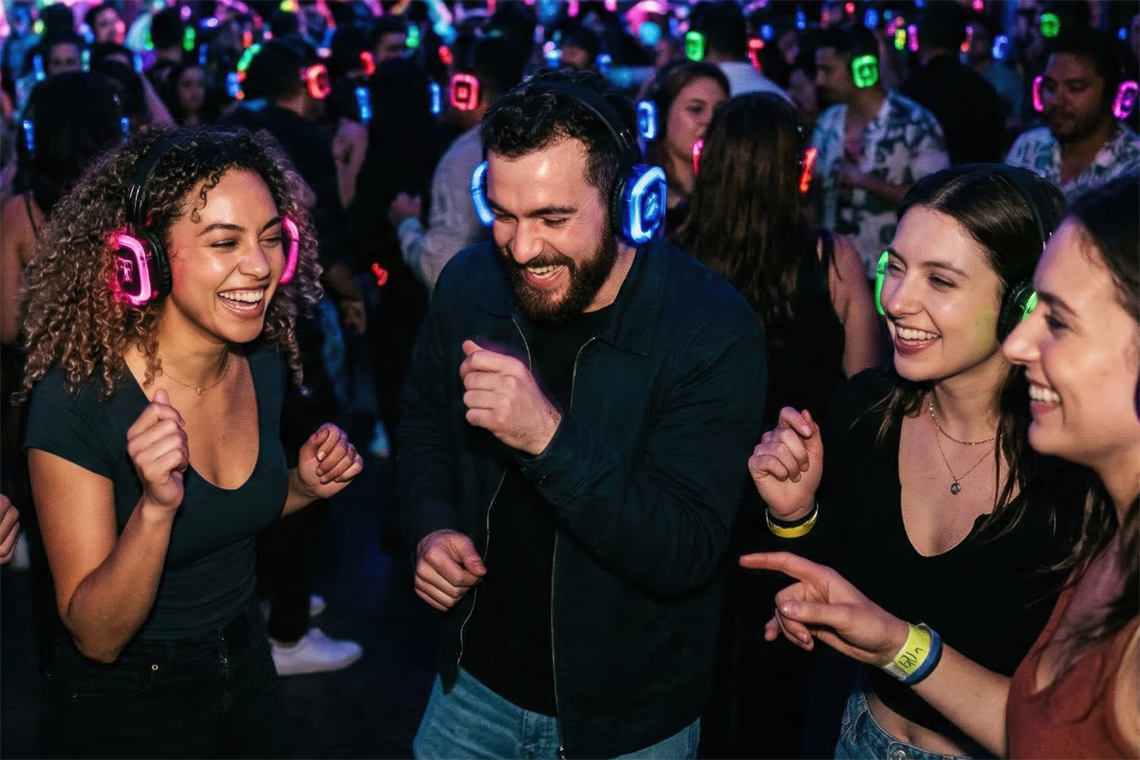 A group of people wearing headphones smiling and dancing