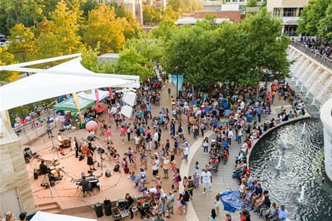 Photo of a concert venue with people walking around