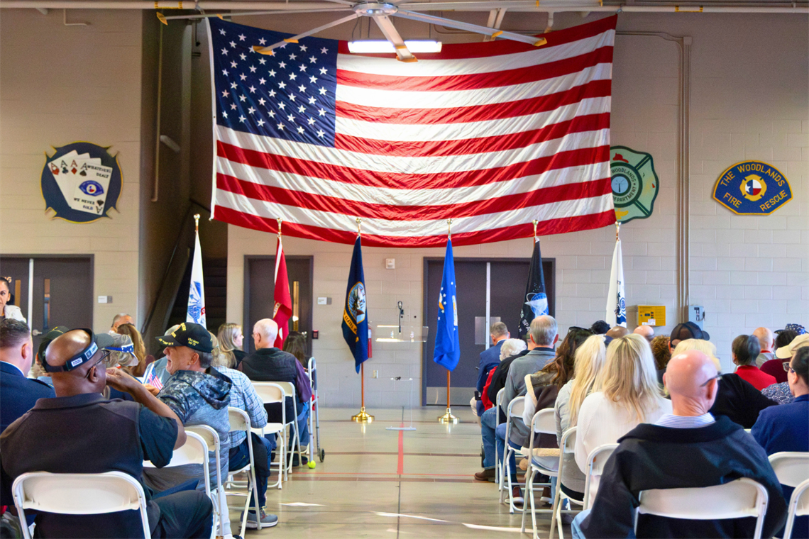 A large American flag hanging on a wall with seated individuals facing it and a podium